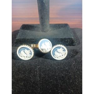 Vintage Cameo Trojan War Cufflinks & Tie clip Blue and White Horses